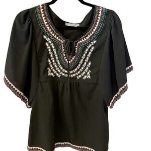 Octavia Black Embroidered Tunic Blouse, Size L, Flowy Sleeves.